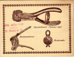 1936 Jegylyukasztó - Kalaúzfogó, acélplombafogó, acélplomba. Özv. Ujágh Árpádné reklámlapja, Budapest, Horthy Miklós út 90.