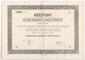 1941. "A Jegyző-Árvaházi Kereskedelmi Részvénytársaság" részvénye 16P-ről, szelvényekkel T:II