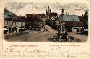 1901 Nagyszombat, Trnava; Ferenc József tér és a Nagy Lajos utca, üzletek / square, street view, shops (fa)