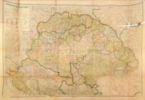 cca 1942 Magyarország közigazgatási térképe 1918-ban, az 1942. évi határokkal. Tervezte és rajzolta: Kogutowicz Manó. 1 : 900.000. Bp., Magyar Földrajzi Intézet Rt. Hajtva, sérült, foltos, hiányos borítóval, 115x84 cm