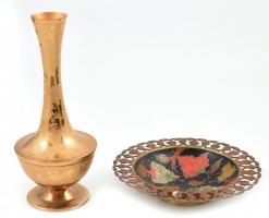 2 darab indiai réz tárgy váza: 27 cm, zománcozott tál d: 20 cm