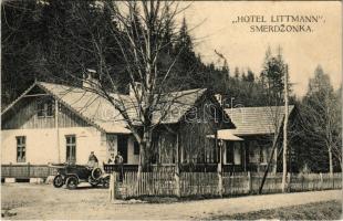 Koronahegyifürdő, Koronahegyfürdő, Vöröskolostor-fürdő, Smerdzonka (Alsólehnic, Cerveny Klástor); Hotel Littmann szálloda, M. kir. posta és távirdahivatal, automobil / hotel, post and telegraph office, automobile (EB)