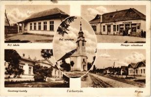 1942 Váchartyán, református templom és iskola, Fő utca, Hangya szövetkezet üzlete és saját kiadása, Gosztonyi kastély