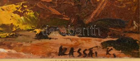 Kassai Károly (1961-): Házak a dombon. Olaj, farost. Dekoratív, kissé sérült fa keretben. 20×30 cm