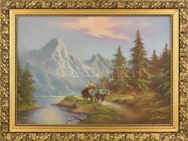 Pap Adorian Venetti ( - ): Ökrök szekérrel. Olaj, kasírozott vászon, dekoratív keretben. 50x70cm