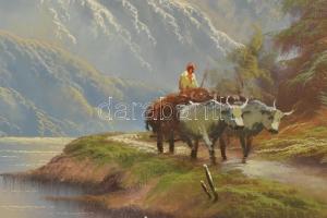 Pap Adorian Venetti ( - ): Ökrök szekérrel. Olaj, kasírozott vászon, dekoratív keretben. 50x70cm