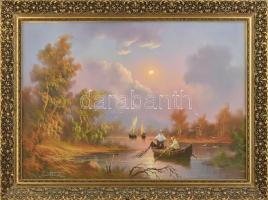 Pap Adorian Venetti ( - ): Szerelmesek ladikban. Olaj, kasírozott vászon, dekoratív keretben. 50x70cm
