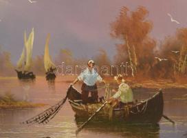 Pap Adorian Venetti ( - ): Szerelmesek ladikban. Olaj, kasírozott vászon, dekoratív keretben. 50x70c...