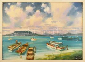 Bánfalvy Ákos (1943-): Csónakok a Balatonon. Olaj, farost, jelzett, fa keretben, 50x70 cm