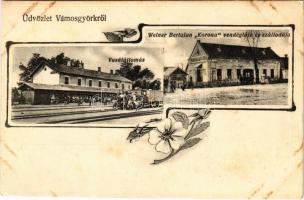 Vámosgyörk, vasútállomás, gőzmozdony, vonat, Weiner Bertalan Korona nagyvendéglője és szállodája és saját kiadása. Art Nouveau, floral (EK)