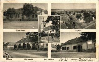 1943 Mocsa, Községháza, Tájkép, Református templom és paplak, Hangya szövetkezet üzlete és saját kiadása. Löwy fotó