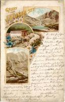 1895 (Vorläufer!!!) Tátra, Magas-Tátra, Vysoké Tatry; Felkai-tó, Sziléziai ház / Gruss vom Felkauer See. Schlesierhaus / Velické pleso, Sliezsky dom / lake, chalet, rest house. M. Kuschel Art Nouveau, floral, litho (r)