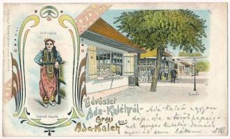 1900 Ada Kaleh, Bazár, Török szépség. Raichl Sándor junior 4410. / bazaar, shop, Turkish beauty. Art Nouveau, floral, litho