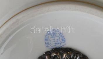 Ezüst (Ag) talpú kínálótál, Herendi BFR (BOUQUET de FRUITS) gyümölcs mintás áttört porcelán tál. Hib...