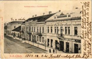 1904 Sátoraljaújhely, Kazinczy utca, Carolineum, Polgári takarékpénztár, Gireth Mihály, Braun R. és Deutsch üzlete (EK)
