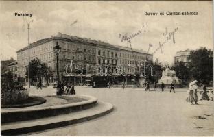 1914 Pozsony, Pressburg, Bratislava; Savoy és Carlton szálloda, villamos / hotel, tram (EK)