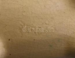 Népies mázas kerámia kulacs, kézzel festett, jelzett, kis mázrepedésekkel, 27x20 cm