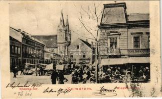 1904 Komárom, Komárno; Klapka tér, Takarékpénztár, Goldmann, Steiner Miksa üzlete, piac / square, savings bank, shops, market (vágott / cut)