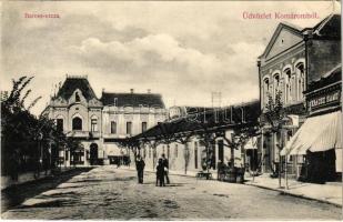 1909 Komárom, Komárno; Baross utca, Maitz Rezső Vigadó étterme, Krausz Samu üzlete. Spitzer Sándor kiadása / street view with restaurant and shops (EK)