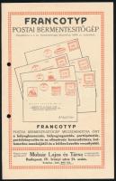 cca 1930 Francotyp postai bérmentesítőgép illusztrált ismertető prospektusa