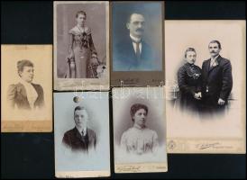 cca 1880-1910 Vizitkártyák és kabinetfotó, 6 db keményhátú fotó különböző műtermekből (Mathea Károly, Nesselroth B., Keglovich Emil, stb.), 10,5x6,5 cm és 16x10,5 cm
