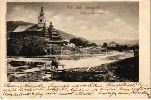 1904 Alsóverecke, Alsó-Vereczke, Niznije Verecki, Nizsnyi Vorota, Nyzhni Vorota; látkép, fatemplom. Bertsik Emil kiadása / general view, wooden church