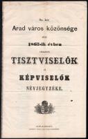 1867 Arad város tisztviselőinek és képviselőinek névjegyzéke az 1867. évben