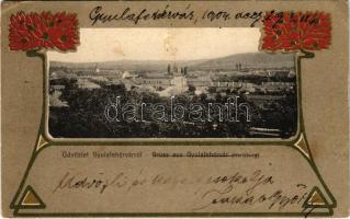 1904 Gyulafehérvár, Alba Iulia; látkép. Weiss Bernát kiadása. Szecessziós virágos litho keret / general view. Art Nouveau, floral, litho frame (EK)