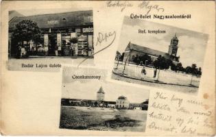 1906 Nagyszalonta, Salonta; Református templom, Csonka torony, Badar Lajos üzlete / Calvinist church, tower, shop (EB)