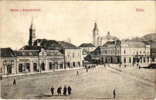 1907 Zilah, Zalau; Részlet a Kossuth térről, Lengyel L., Lengyel Antal, Körtesi József, Dreher Antal üzlete. Seres Samu kiadása / square, shops (EK)