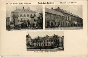 Barót, Baraolt; M. kir. állami polgári fiúiskola, Fő utca, Ifj. Lőrincz Mózes üzlete, Római katolikus elemi népiskola. Roszondai János kiadása / boys school, main street, shop, elementary school (EK)