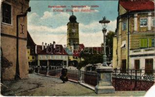 1916 Nagyszeben, Hermannstadt, Sibiu; Kis tér, várostorony, piac, Adolf Göbbel üzlete / Kleiner Ring, Ratthurm / square, town tower, shop, market (EM)
