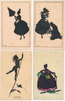 4 db régi sziluettes művész motívum képeslap / 4 pre-1945 silhouette art motive postcards