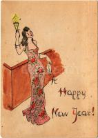 Happy New Year! Hand-painted greeting postcard / Kézzel festett újévi üdvözlet
