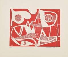 Marosán Gyula (1915-2003): Absztrakt formák pirosban. Linómetszet, papír. Jelzett, számozott: 8/50. 22,5×30 cm