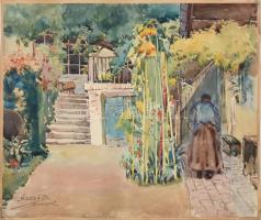 Garzó Bertalan (1882-1959): Tabáni udvar. Akvarell, papír, jelzett, kartonra kasírozva, hátoldalán feliratozott, 32×39 cm