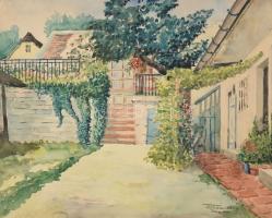 Turiák Ödön (1884-1937): Tabán, 1918. Akvarell, papír, jelzett, kartonra kasírozva, lapszéli apró sérüléssel, 31×40 cm