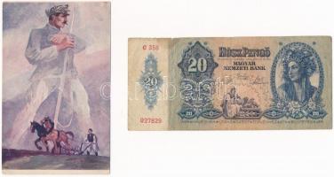 4 db RÉGI katonai képeslap vegyes minőségben + 1 db 1941. 20P (húsz pengő) / 4 pre-1945 military mot...