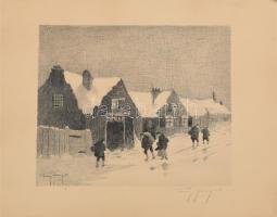 Franz Abony (?-?): Téli utca, 1921. Rézkarc, papír, jelzett, lapszéli foltokkal, 23×27,5 cm
