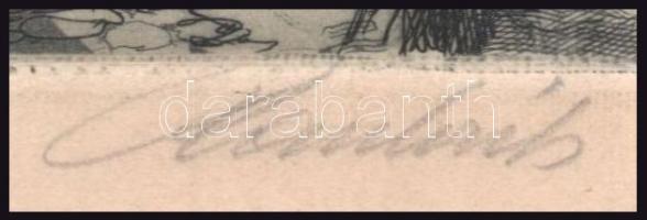 Paulovits Pál (1892-1975): Tabán. Rézkarc, papír, jelzett, lap széle vágott és kissé foltos, 25×18 c...