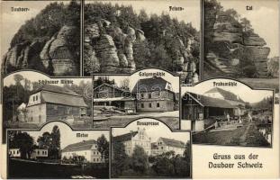 Dubské Svycarsko, Dubské Skály, Daubauer Schweiz; Daubauer-Felsen-Tal, Schönauer Mühle, Galgenmühle, Frabsmühle, Meise, Rosspresse / mills, sawmill, lumber yard. Verlag v. J. M. Pursch Photograph