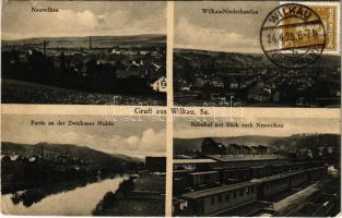 1928 Wilkau, Neuwilkau, Wilkau-Niederhasslau, Partie an der Zwickauer Mulde, Bahnhof / railway station, train (EK)