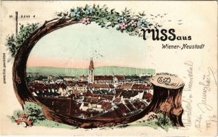 1905 Wiener Neustadt, Bécsújhely; Grusskarte z. bez. d. H. Steinberger Postkartenverlag. Art Nouveau, floral (crease)