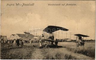 1913 Wiener Neustadt, Bécsújhely; Flugfeld, Warchalowski auf Autobiplan / airfield, Warchalowski with his aircraft. Verlag v. A. J. Kuderna