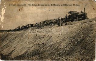 1912 Véménd (Mohács), Pécs-Bátaszéki vasút építése, földmunka a Mühlgrundi Töltésen, gőzmozdony (szakadás / tear)