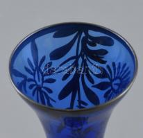 Antik kék váza ezüst festéssel, kis kopásnyomokkal, m: 20 cm