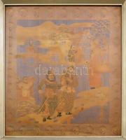 Japán, antik selyem gobelin. Üvegezett keretben. / Japanese silk gobelin in glazed frame 47x48 cm