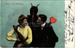 1904 Gruss vom Krampus / Krampus with brich and romantic couple (fa)