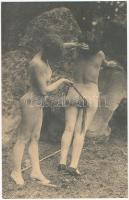 Szado-mazo erotikus képeslap: leszbikus fenekelés / Vintage BDSM erotic postcard: lesbian whipping - REPRINT