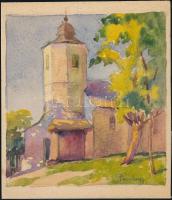 Páris Erzsi (1887-?): Isaszeg, Szent Márton-templom. Ceruza, akvarell, papír, jelzett, 10x9 cm / watercolour and pencil on paper, signed